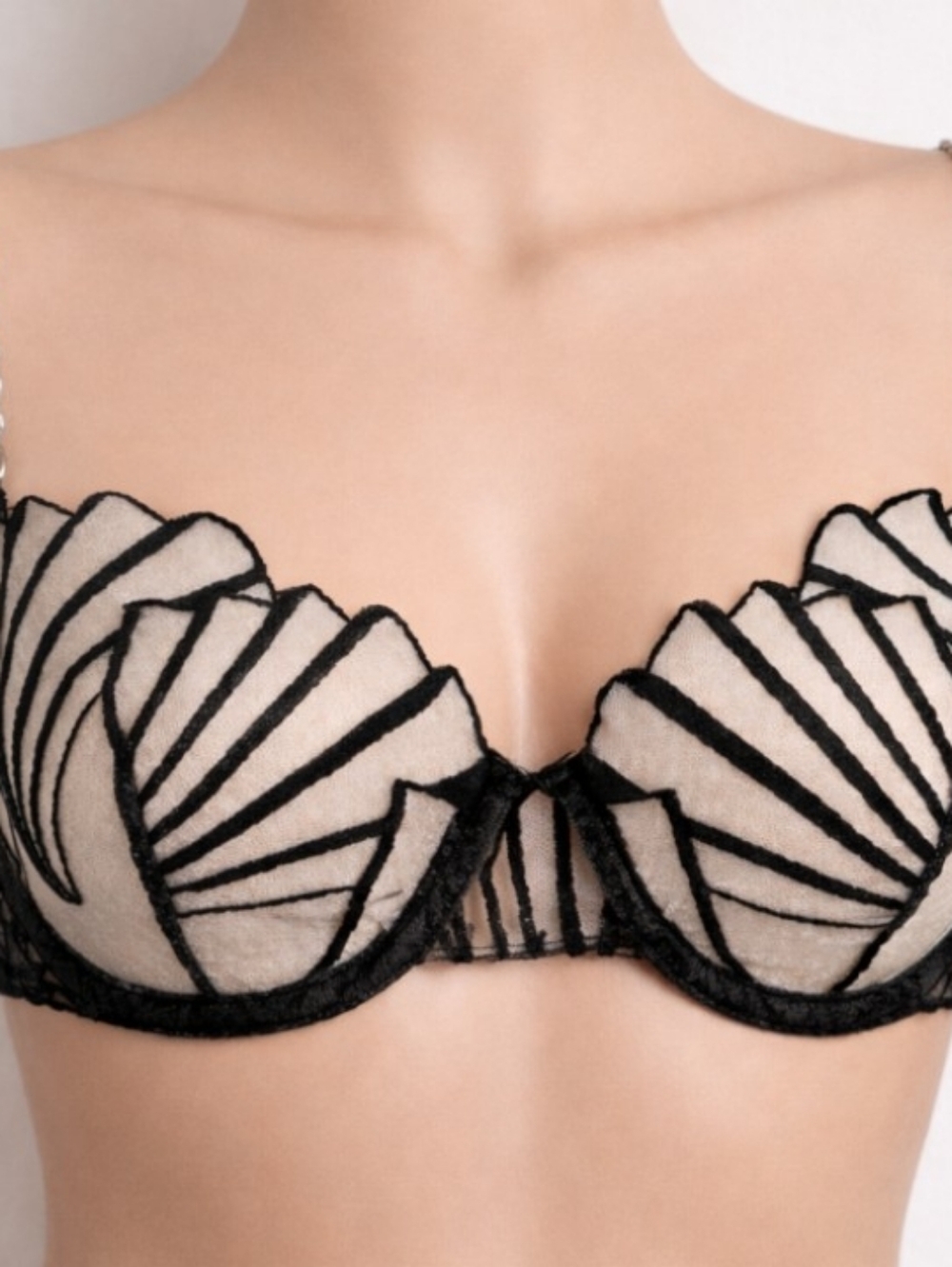 Balconette Bra 32B Scalloped Mesh Silver Chain Straps  Underwired Coquette
